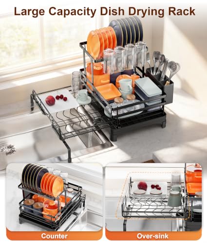 Expandable Over Sink Dish Drying Rack with Drainboard - Rust-Resistant Steel