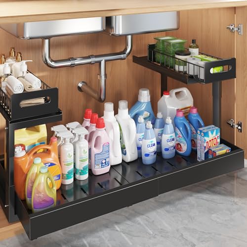 Biboraya Black Expandable Under Sink Organizer 19-32 Inches, 2-Tier Pull Out Cabinet Storage