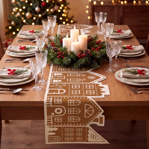 Gingerbread House Table Runner 13 x 72 in - Waterproof Cotton Linen Holiday Decor