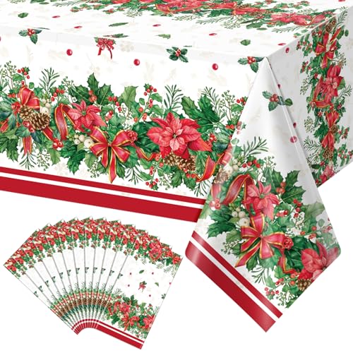 MASHAN 12-Pack Christmas Holly Poinsettia Tablecloths 54x108in Holiday Decor