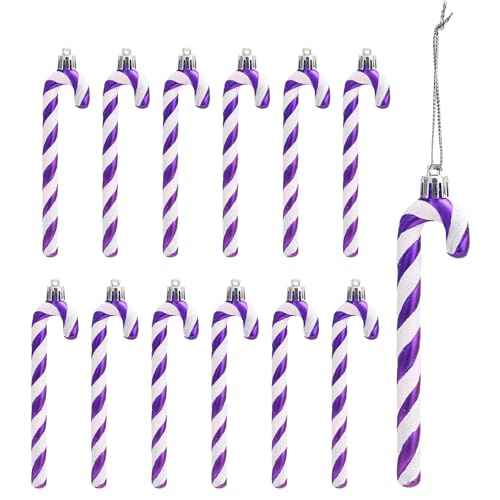 ToBeIT 12pcs Candy Canes Plastic Christmas Candy Cane Ornaments Glitter Cane Plastic Xmas Tree Hanging Ornaments Decorations Hanging for Holiday Party Decoration Favors (Purple)