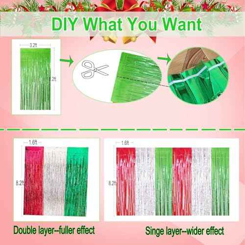 Christmas Foil Fringe Curtain -3 Pack of 3.2x8.2ft Red Silver Green Tinsel Fringe Backdrop Streamers for Christmas New Years Eve Party Supplies 2025 Photo Backdrop Party Decorations