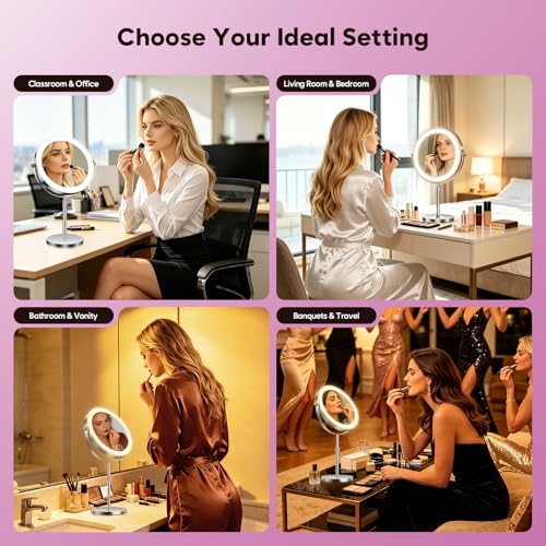 Nickel 1X/30X Lighted Makeup Mirror, 9-inch Adjustable Double-Sided Vanity with 360° Rotation
