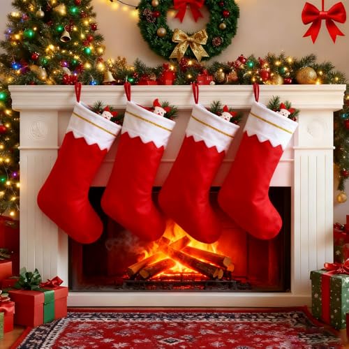 Christmas Stockings Set of 12, 14" Red & White Felt Christmas Stockings with Gold Trim for Hanging Xmas Home Decor