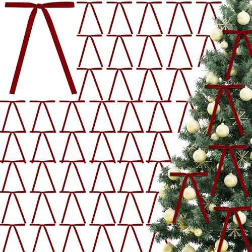 50 Pcs Velvet Christmas Bows for Christmas Tree, 3/8 Inch Width Velvet Christmas Bows, Velvet Ribbon Wreath Bows for Christmas Tree Home Decor Indoor Outdoor Decoration (Burgundy Red)