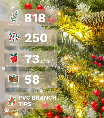 Green 6FT Pre-Lit Christmas Tree with Pine Cones & Red Berries - 818 Tips, 250 LED Lights