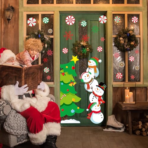 JarThenaAMCS Christmas Door Stickers Snowman Xmas Tree Wall Decals Holiday Decor 2 Rolls