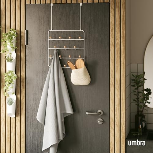 Umbra Estique Over-the-Door Coat Rack with 14 Hooks – Modern Wall & Door Organizer, White/Natural