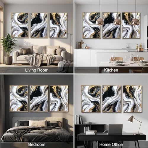 Black White and Gold 3-Piece Abstract Wall Art Set - 16x24 Inch Framed Canvas