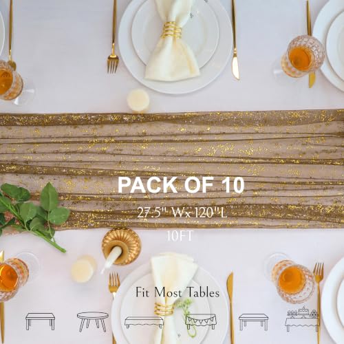 Snowkingdom 10 Pack 10Ft Gold Gauze Table Runner - Elegant Wedding & Party Decor
