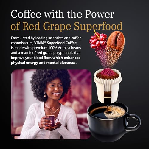 VINIA Blood Flow Medium Roast Coffee Pods 30 Count | Infused with Red Grape Extract, Keto Certified, Long-Lasting Energy