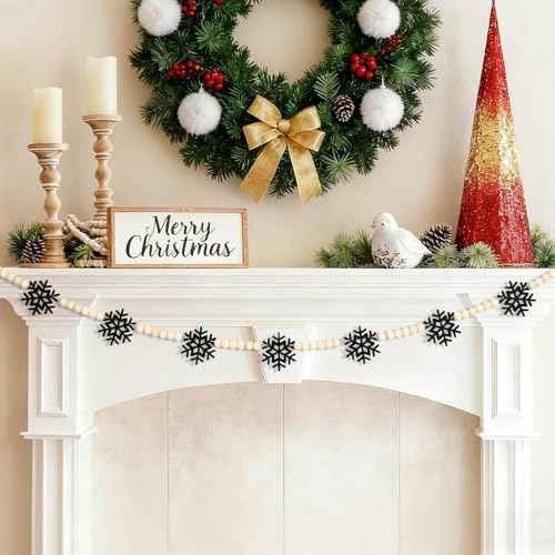 DAZONGE Christmas Decorations, Felt Snowflake Garland and Wood Beads for Farmhouse Christmas Banner Decor, Wall, Shelf, and Holiday Decorations