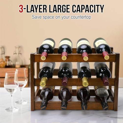Walnut 3-Tier Bamboo Wine Rack - Holds 12 Bottles, FSC Certified, Space-Saving Storage Shelf