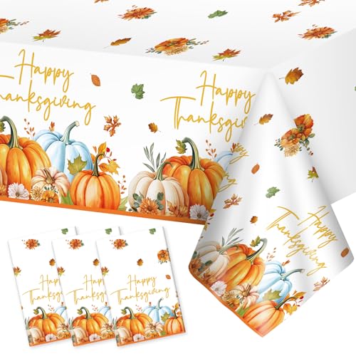 3 Pcs Happy Thanksgiving Plastic Tablecloth - Watercolor Fall Table Cloth, Disposable Rectangle Autumn Pumpkin Maple Leaves Table Cover for Thanksgiving Tables Decorations Party Supplies, 54x108 Inch