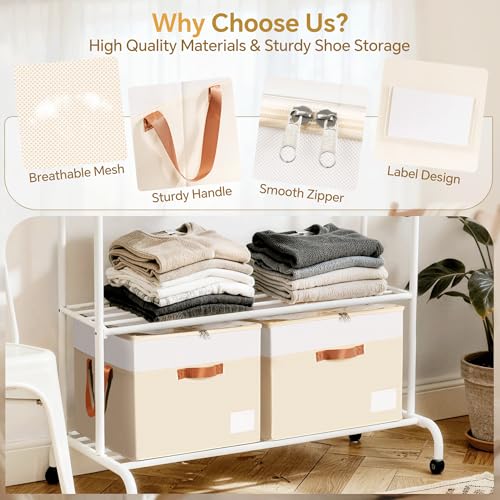 Criusia Foldable Shoe Organizer Box with Adjustable Dividers - Beige, Holds 16-32 Pairs
