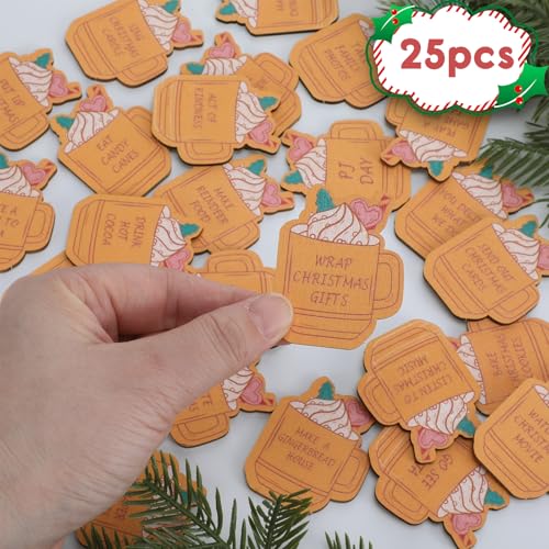 Threehoney 25 Pcs Christmas Advent Wooden Tokens Set with Cocoa Cup Variant