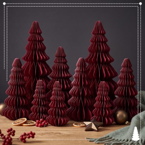 Fullhawl 10 Pcs Honeycomb Paper Christmas Tree Set Burgundy 4/6/7/10 Inch