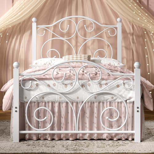 Twin Metal Bed Frame with Headboard Footboard Support - White, Easy Assembly