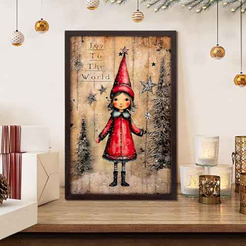 Vintage Christmas Wall Art Prints Joy To World Primitive Rustic Wood Wall Art Framed Christmas Mantle Table Centerpieces Aesthetic Pictures Wall Decor for Bedroom Little Girl's Wooden Hanging Painting