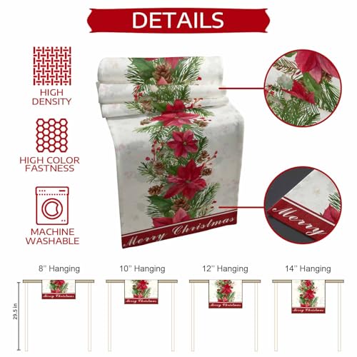 Smile Sunflower 13x72in Christmas Table Runner with Poinsettia & Floral Decor - Non-Slip, washable