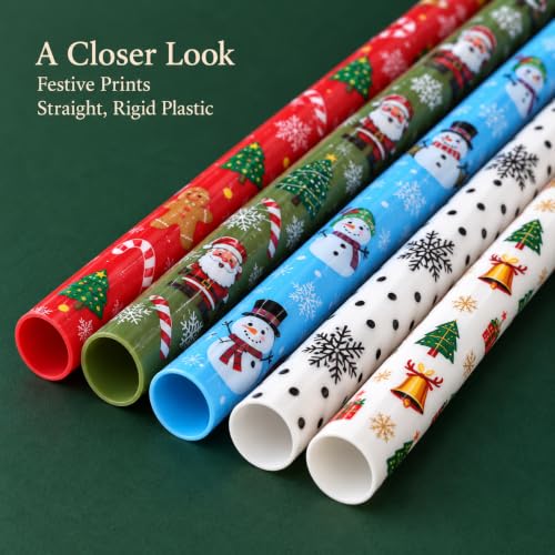Christmas Reusable Plastic Drinking Straws - 30 Pack, 9 Inch Hard Straws with Designs
