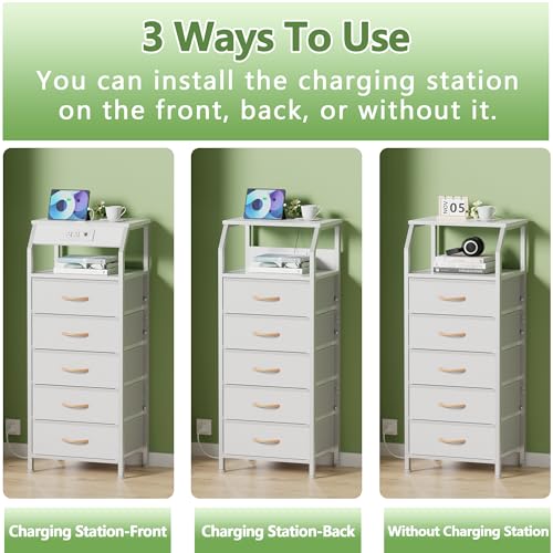 Furnulem 5-Drawer Dresser with Charging Station - White Nightstand