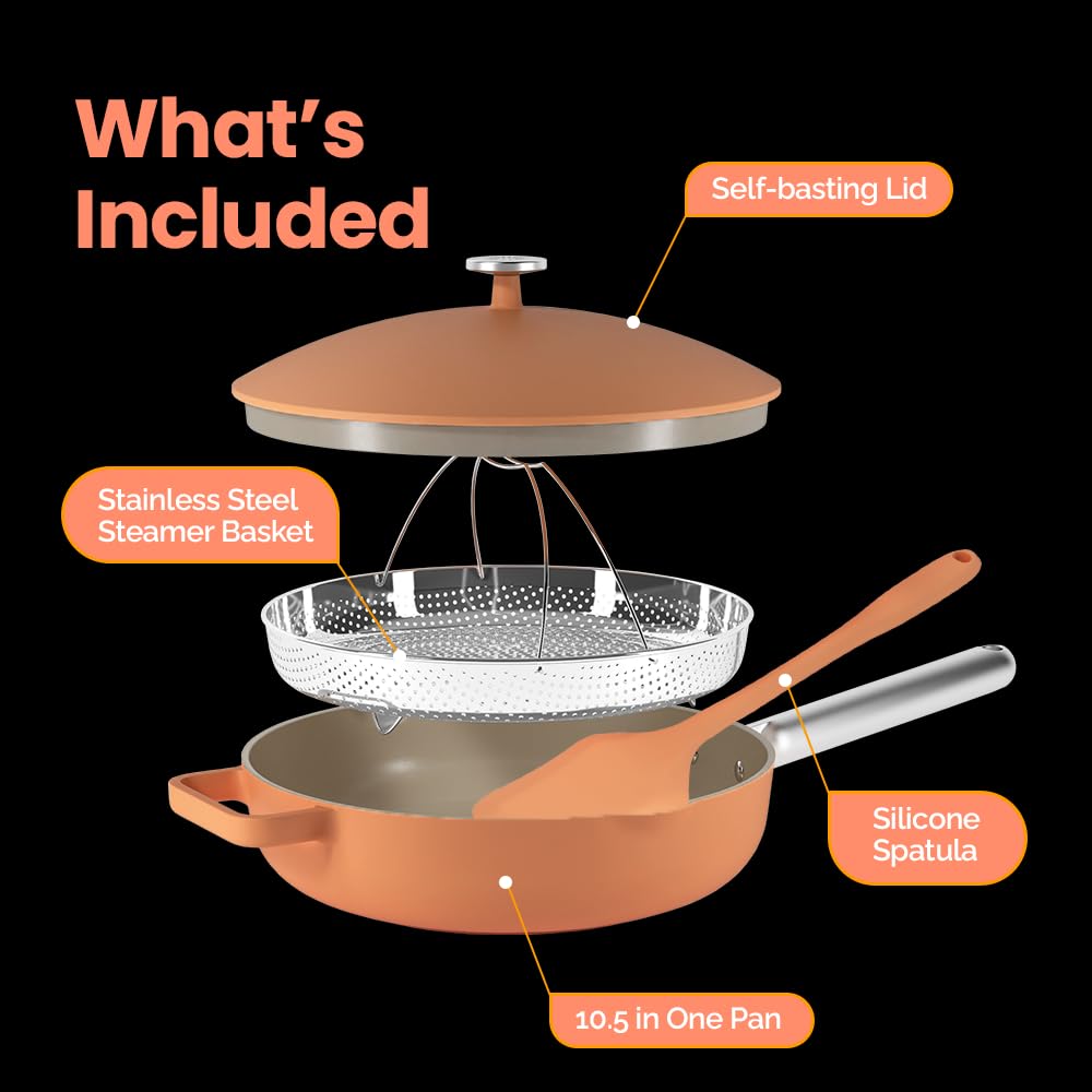 Nutricook 10.5” Ceramic Nonstick Pan with Lid, Steamer & Spatula | Oven Safe, Induction Compatible | 10-in-1 Multi-Function Cookware for Saute, Frying, Searing, Steaming & Baking, Canyon Sunset