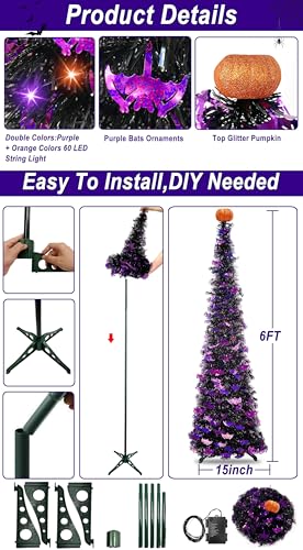 6 Ft Black Tinsel Halloween Tree with Purple Bats & LED Lights - Decor
