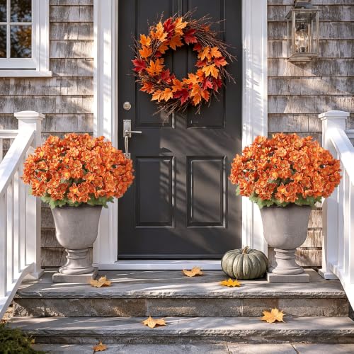 Artificial Fall Camellia Topiary Ball Trees - 2 Pack Orange Potted Plants