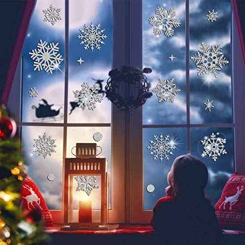 Glitter Snowflake Window Clings Christmas Window Decals for Glass Winter Xmas Navidad Decorations 190 Pcs (Sliver)