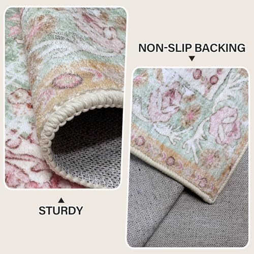 Vhong Washable Area Rug 5x7 Green and Pink Boho Vintage Modern Large Carpet for Living Room and Dining Room - Non Slip