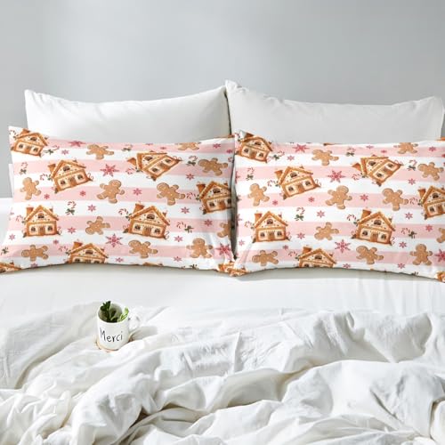 Feelyou Pink & Beige Gingerbread Man Fitted Sheet Queen Size Kids Bedding Set with Snowflake Design