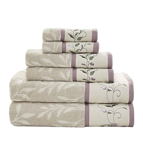 Purple Cotton Bath Towel Set - 6 Piece, 600 GSM, Embroidered & Jacquard