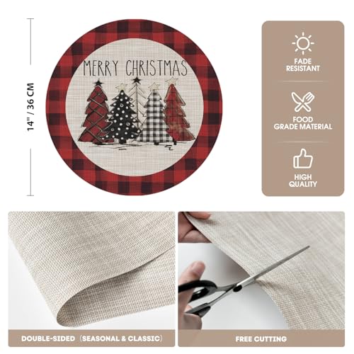 14-Inch Xmas Christmas Vinyl Round Placemats Set of 4 - Wipeable Winter Table Mats, Red