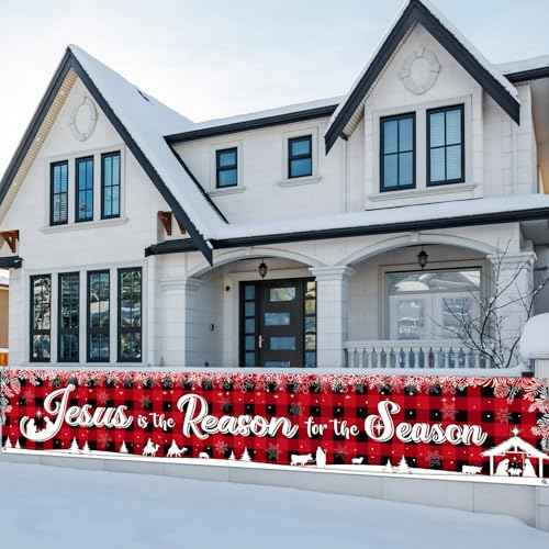 Tiamon Holy Nativity Christmas Banner Manger Scene Religious Jesus Is the Reason for the Season Red Buffalo Plaid Hanging Banner for Xmas Winter Holiday Outdoor Indoor Decoration