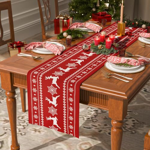 Reindeer Red Christmas Table Runner 72 Inches Long - Faux Linen Holiday Decor