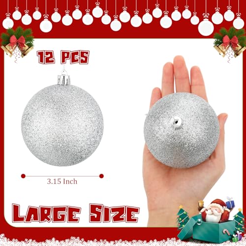 Zubebe 12Pcs Silver Glitter Christmas Ball Ornaments - 3.15in Large Snowball Decor