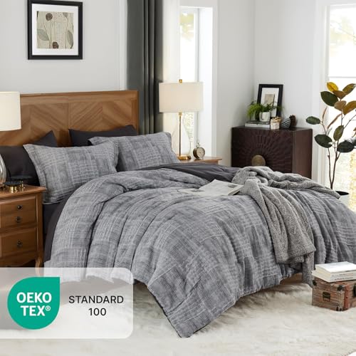 MaiRêve Oversized Queen Crinkle Texture Bedding Set 7 Pieces Charcoal Grey