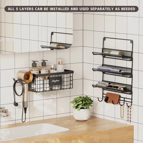 Magheo Black Wall Mount Hair Dryer Holder with 5-Tier Storage Shelf & Hooks – Bathroom Organizer