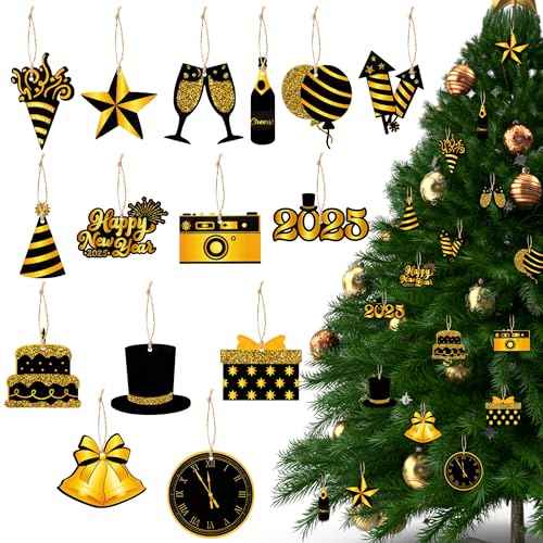 Haooryx 2026 New Year Ornaments - 46PCS 2026 Happy New Year Christmas Winter Ornament Decorations Black Gold Wooden Hanging Slices Pendants Ropes Countdown Carnival Party Xmas Tree Home Decor Supplie