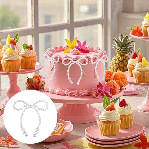 5 PCS Pearl Bow Cake Topper White Imitation Pearl Bow Cupcake Decorations Ice Cream Toppings Cookie Decorating Cake Decoration Chirstmas Supplies for Birthday Wedding Bachelorette Party