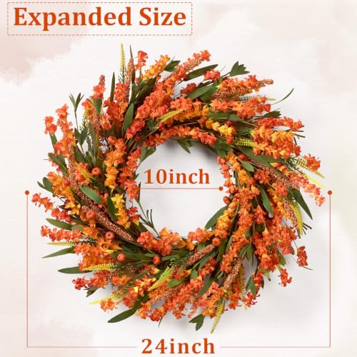 Orange Fall Wreath 24 Inch Front Door Decor - Handmade Autumn Wreath