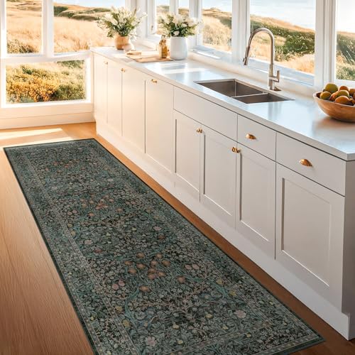 Dark Green & Black 3x10 ft Extra Long Runner Rug for Hallway Kitchen Non Slip Washable Vintage Floral