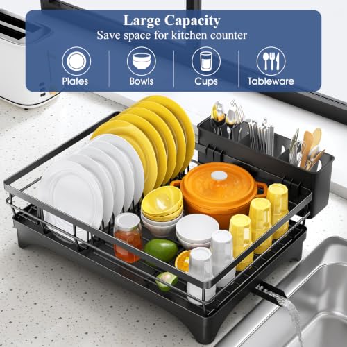 Dish Drying Rack for Kitchen Countertop - Black, 16.7 x 11.8 inches, Large Capacity