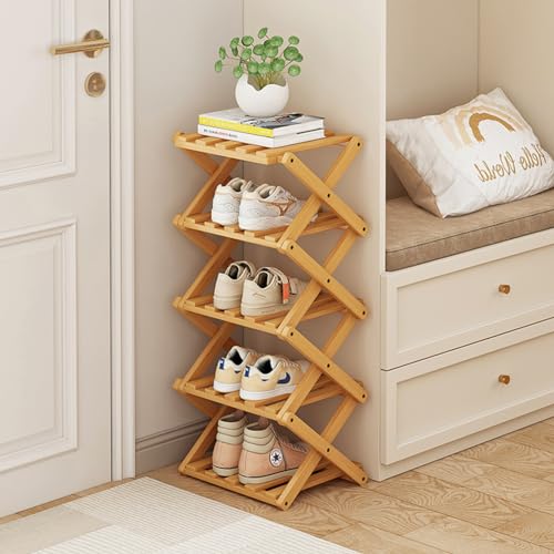 Wood 5-Tier Foldable Shoe Rack - Tall Narrow Organizer for Entryway, Closet, Bedroom