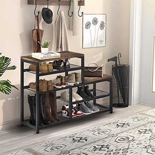 5-Tier Shoe Storage Bench with Seat - Industrial Brown Shoe Rack Organizer