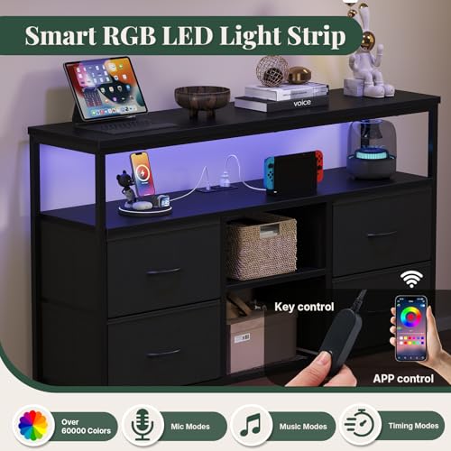 LED TV Stand with Charging Station for 50 Inch TVs - Black, 43.3x11.8x30.7 Inch