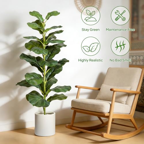 Artificial Fiddle Leaf Fig Tree Set - 35 Inch Indoor Outdoor Faux Plant with Pot, 2 Pack