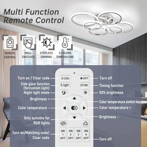 Chrome 6-Ring Dimmable LED Ceiling Light Fixture with Remote Control - Modern 60W Close to Ceiling Lighting for Living Room & Bedroom - Variation: 6 Rings, Circle