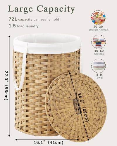 SETVSON Natural 72L Laundry Hamper with Lid and Handles, Wicker Basket